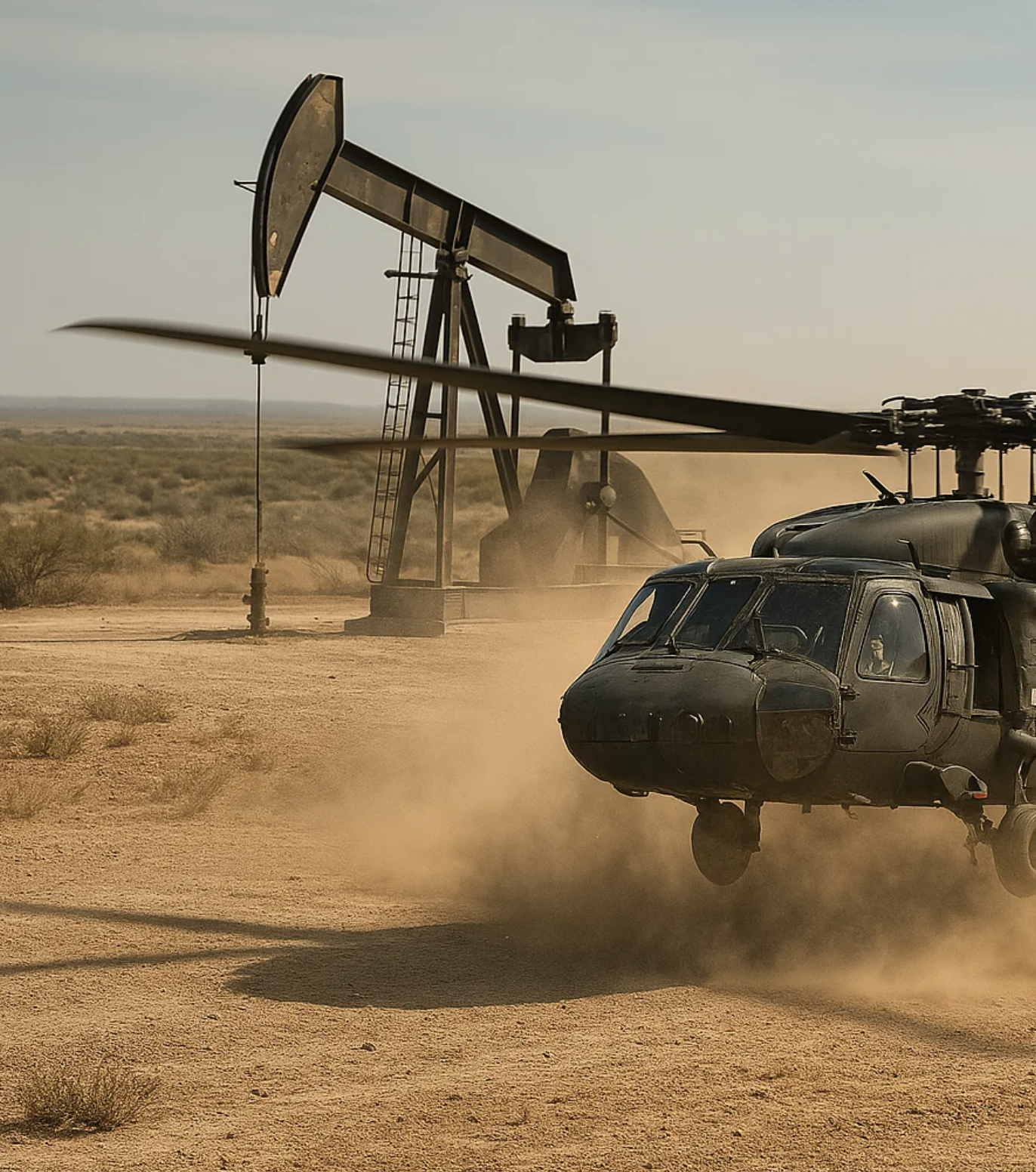 Military helicopter landing near oil pumpjack in desert environment
