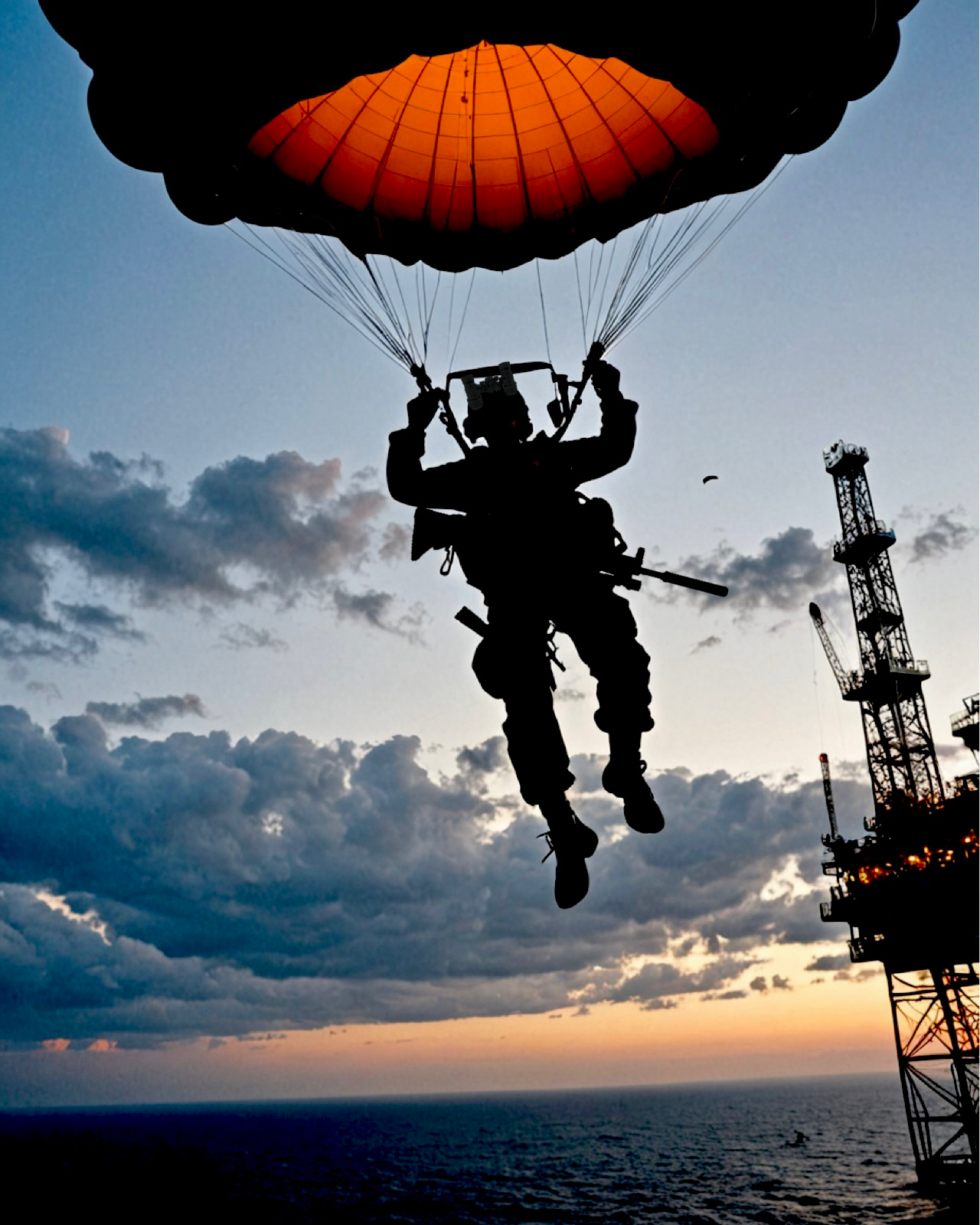 Special operations soldier parachuting with orange canopy near offshore oil rig at sunset